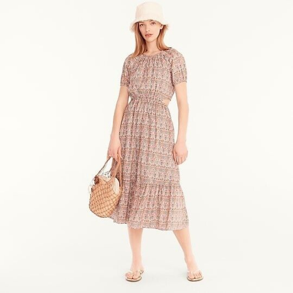 J. Crew Floral Midi Dress in Pink and Cream